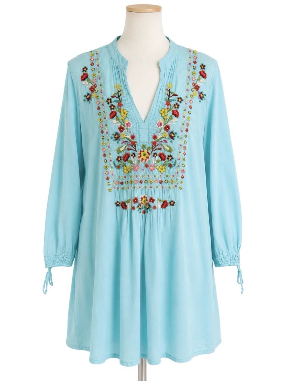 Johnny Was Light Blue Embroidered V-Neck Tunic